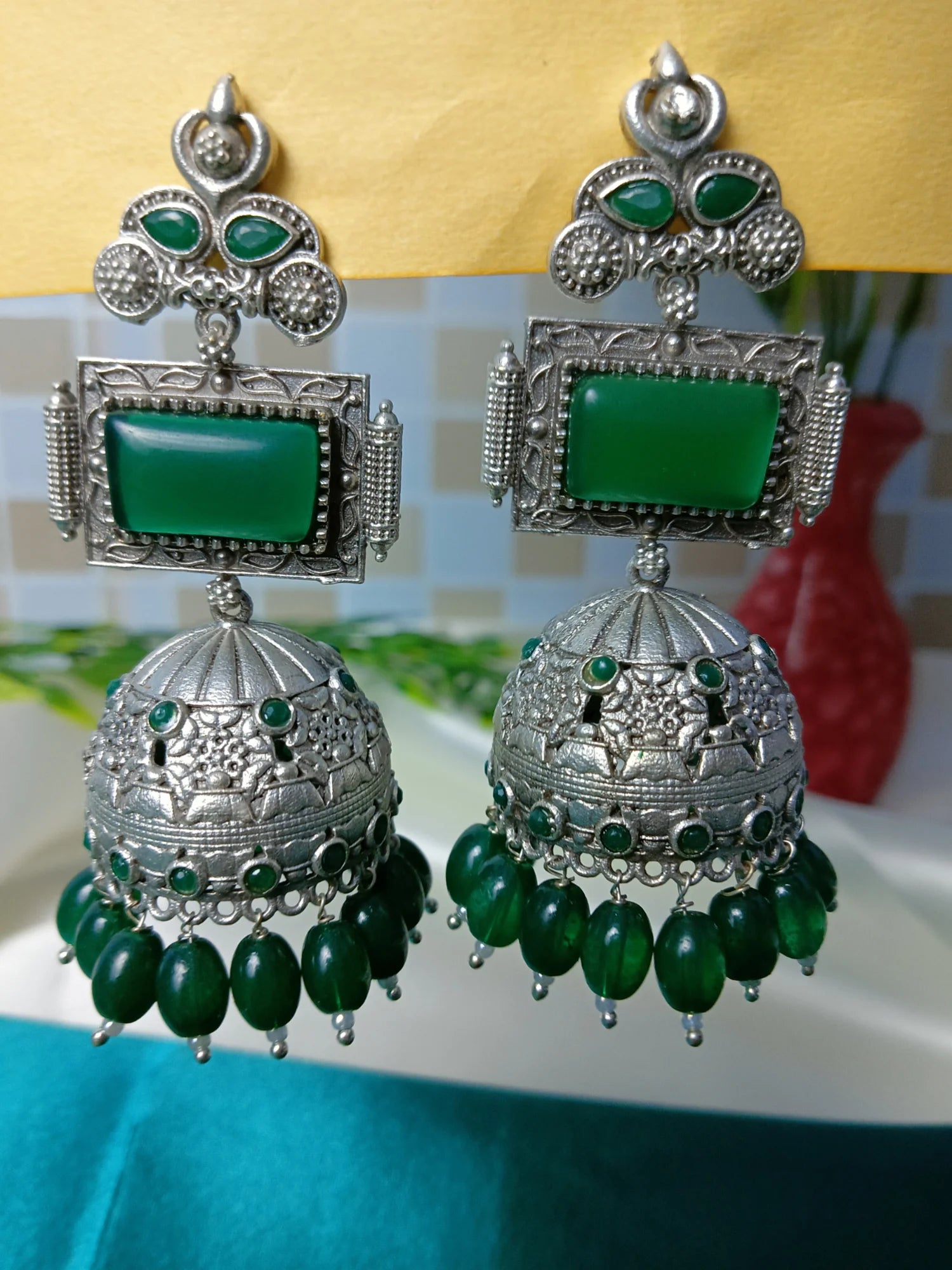 Brass Earring Green Jhumka