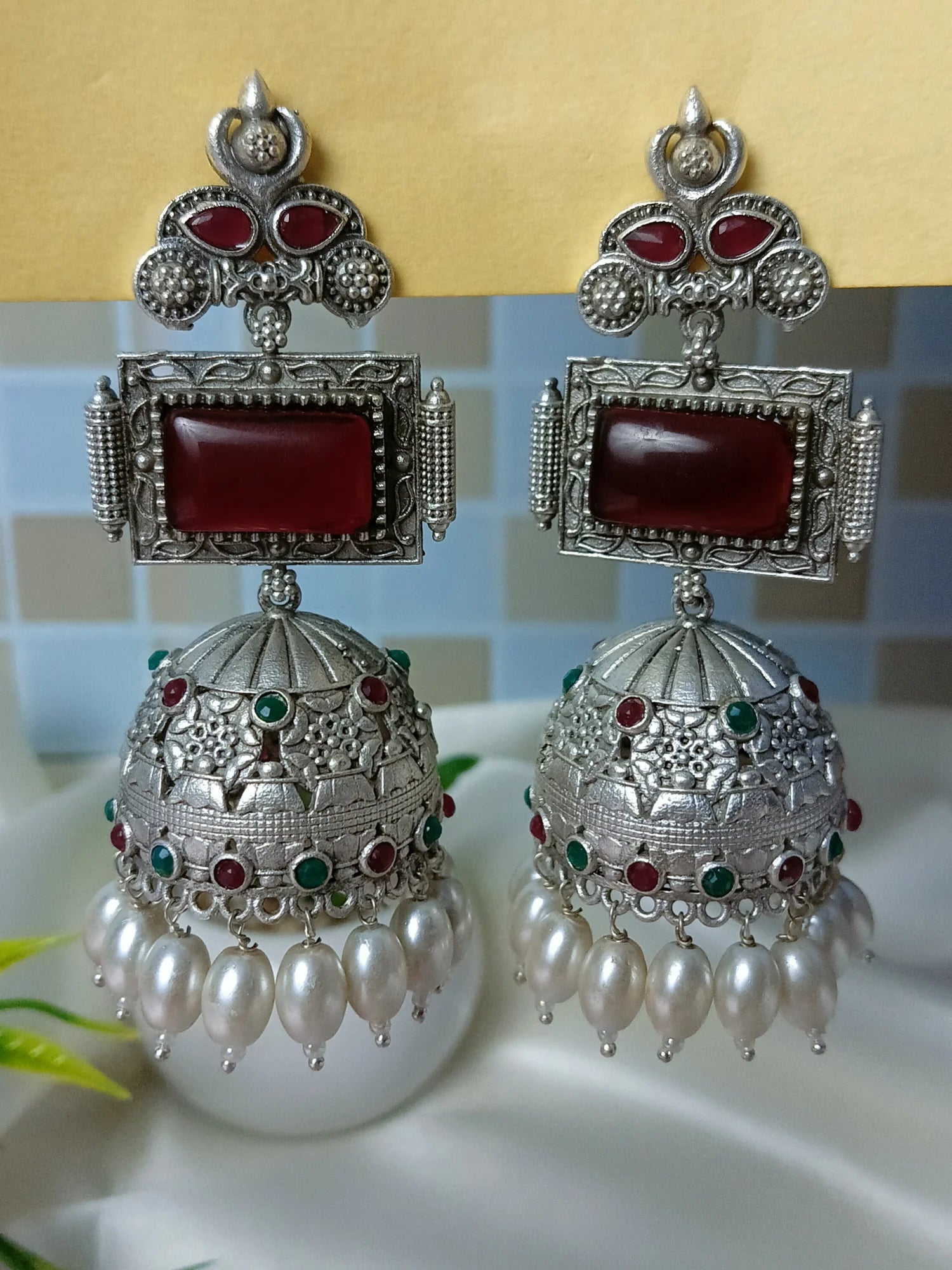 Brass Earring Maroon Jhumka